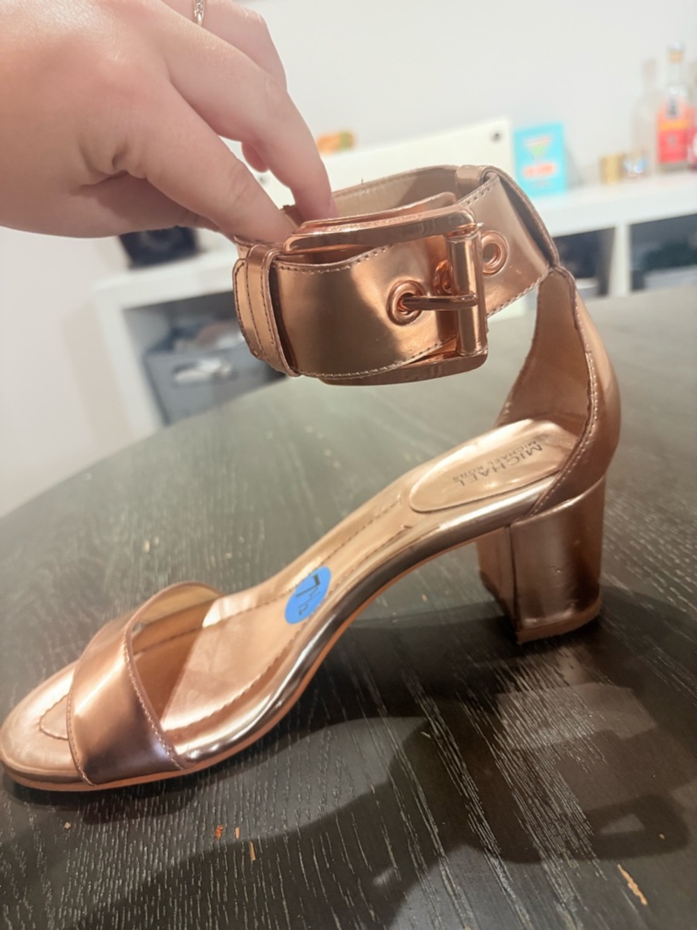 Michael Kors Metallic Rose Gold Block Heel Slippers with Buckle Strap